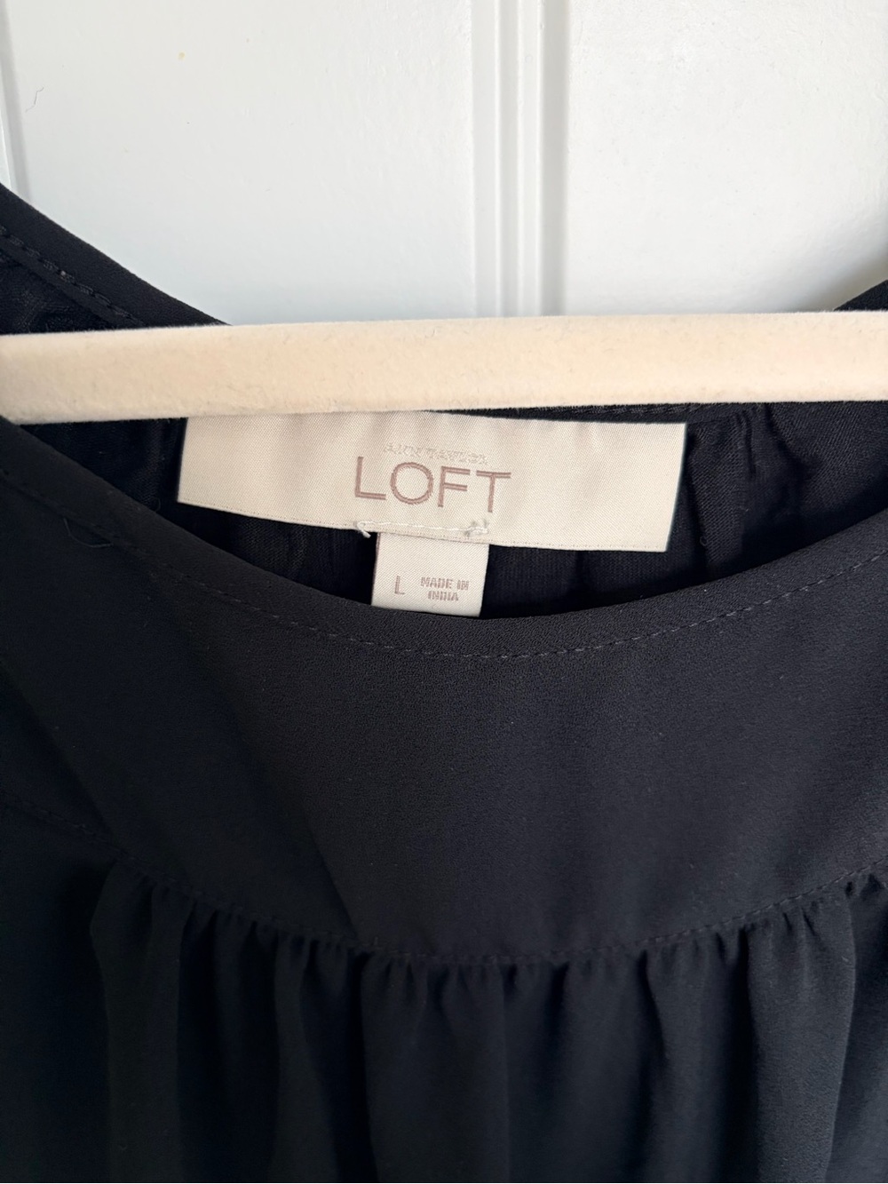 LOFT Mixed Media Black Relaxed Scoop-Neck Blouse with Gathered Front - Picture 2 of 4